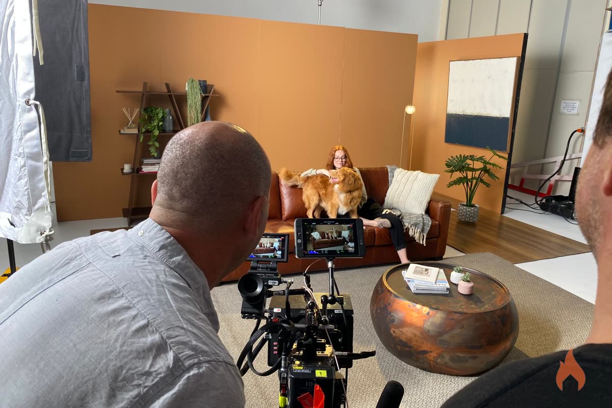 Crew filming a living-room studio set with two dogs on the couch